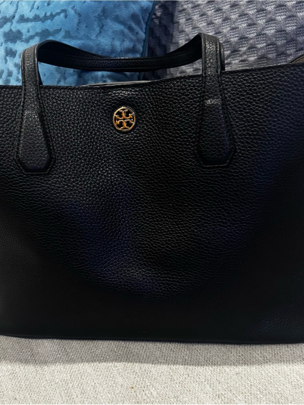 Tory Burch Black Pebbled Leather Tote with Gold Logo Accent